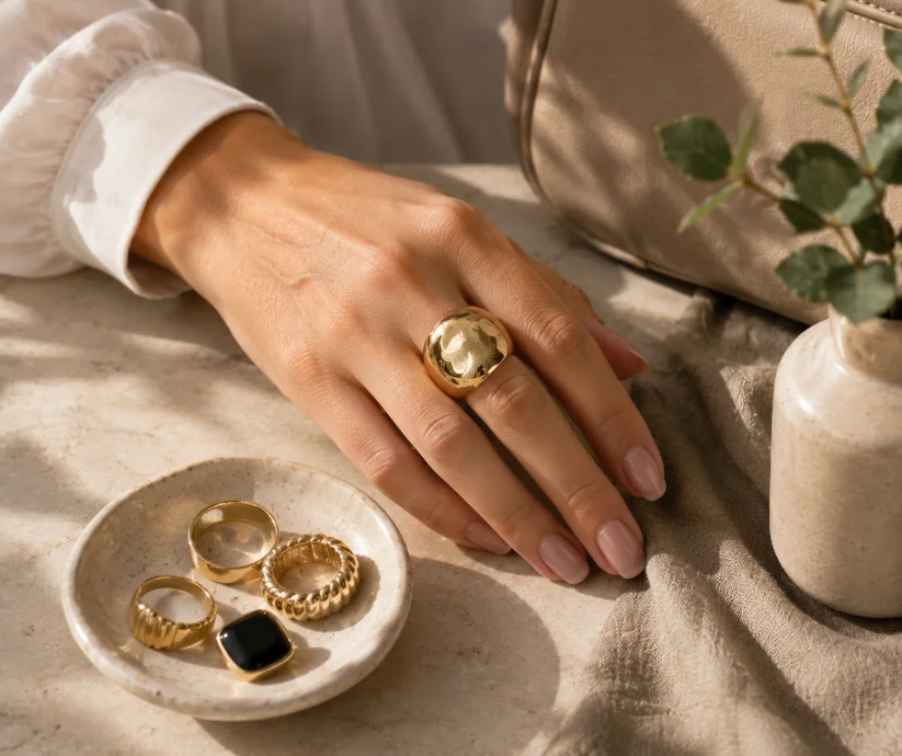 Un anillo con presencia no necesita competir con otras piezas, cuando la proporción es correcta, un solo detalle puede convertirse en la firma de todo el look.
