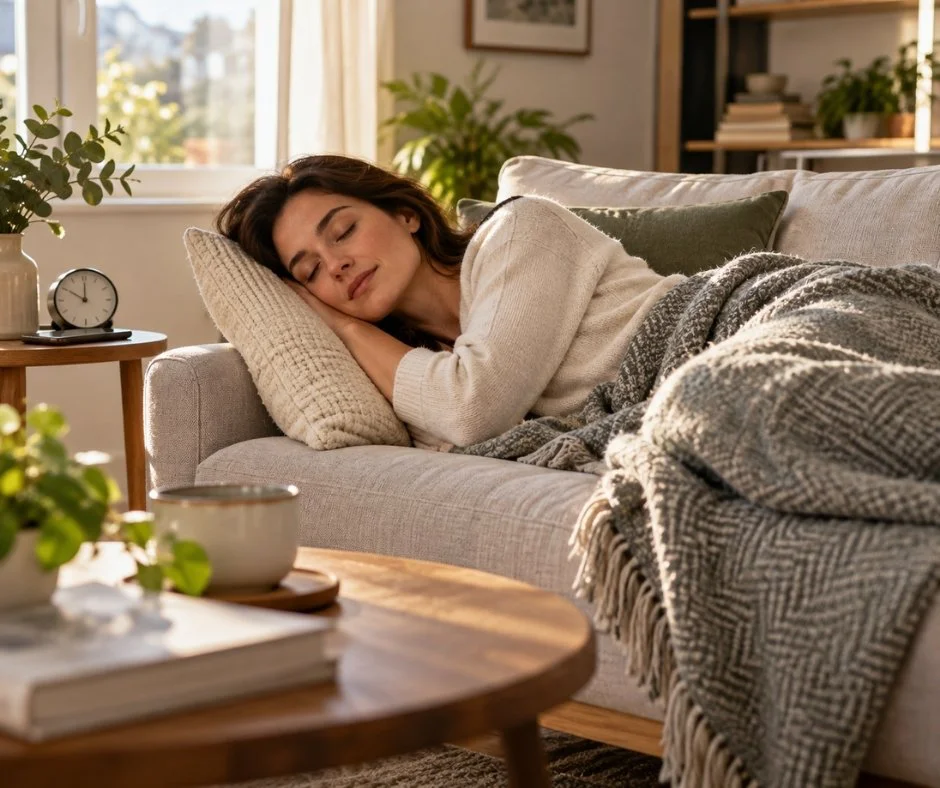 Mujer durmiendo una siesta en el sofá durante la tarde.