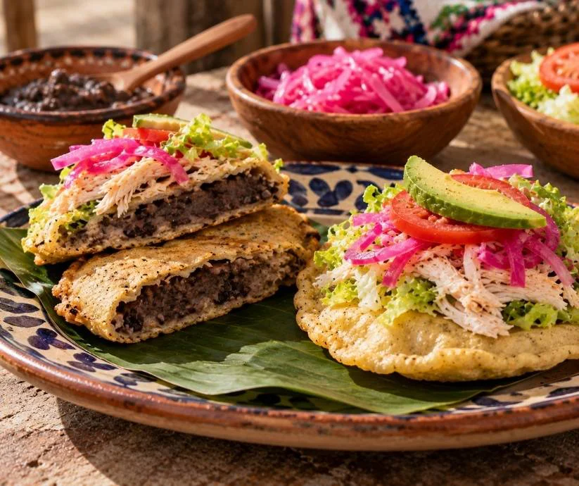 Panuchos yucatecos cortados por la mitad muestran el relleno de frijol negro dentro de la tortilla