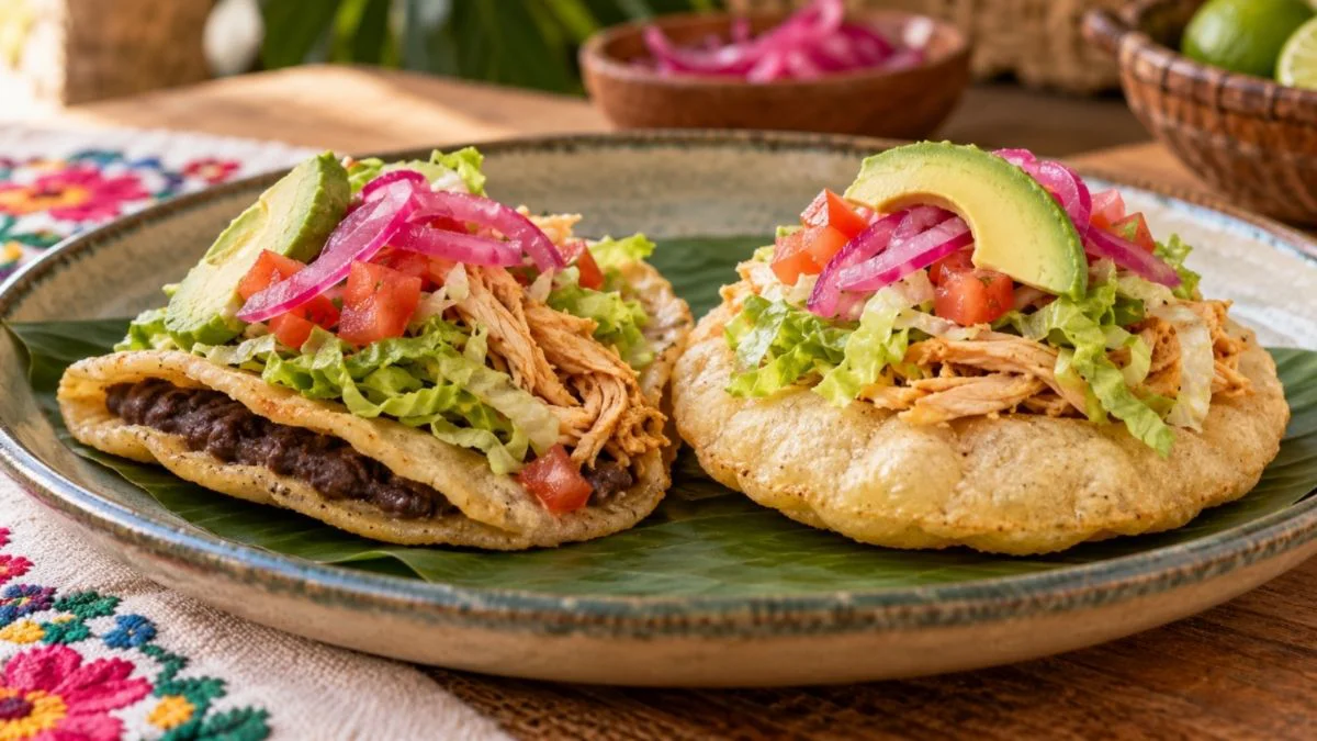Panucho y salbute yucatecos servidos juntos para mostrar la diferencia entre sus tortillas.