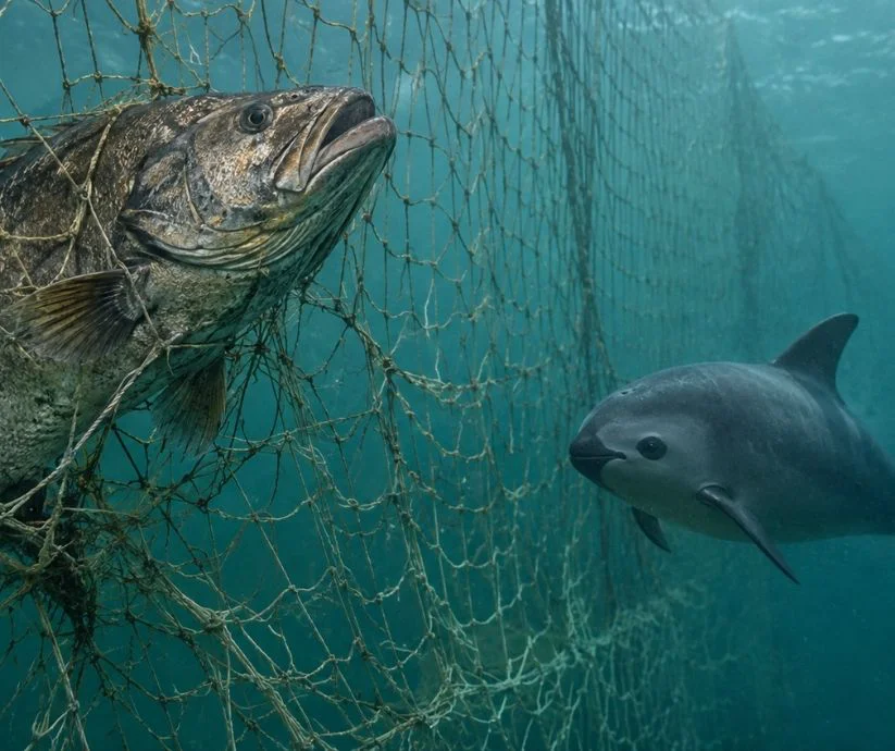 Ilustración de una totoaba atrapada en una red de pesca y una vaquita marina nadando cerca, en representación de riesgo