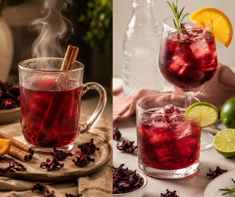 El agua de jamaica puede disfrutarse caliente como una tisana con canela y cítricos, o bien servirse con hielo, limón y hierbas para ofrecer una bebida fresca, elegante y sin alcohol para cualquier ocasión.