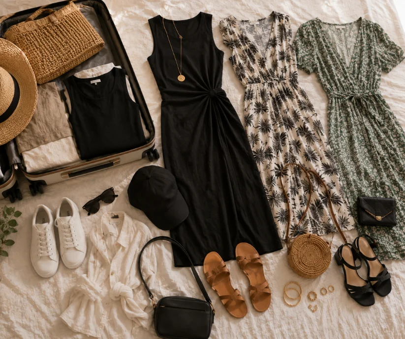 Un vestido negro ligero y un estampado bien elegido pueden convertirse en **dos grandes aliados de una maleta de verano**- uno multiplica las posibilidades y el otro aporta personalidad sin necesidad de llevar de más. 