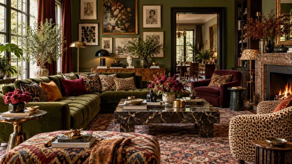 Sala de estilo maximalista con muebles contemporáneos, obras de arte, estampados y colores intensos.