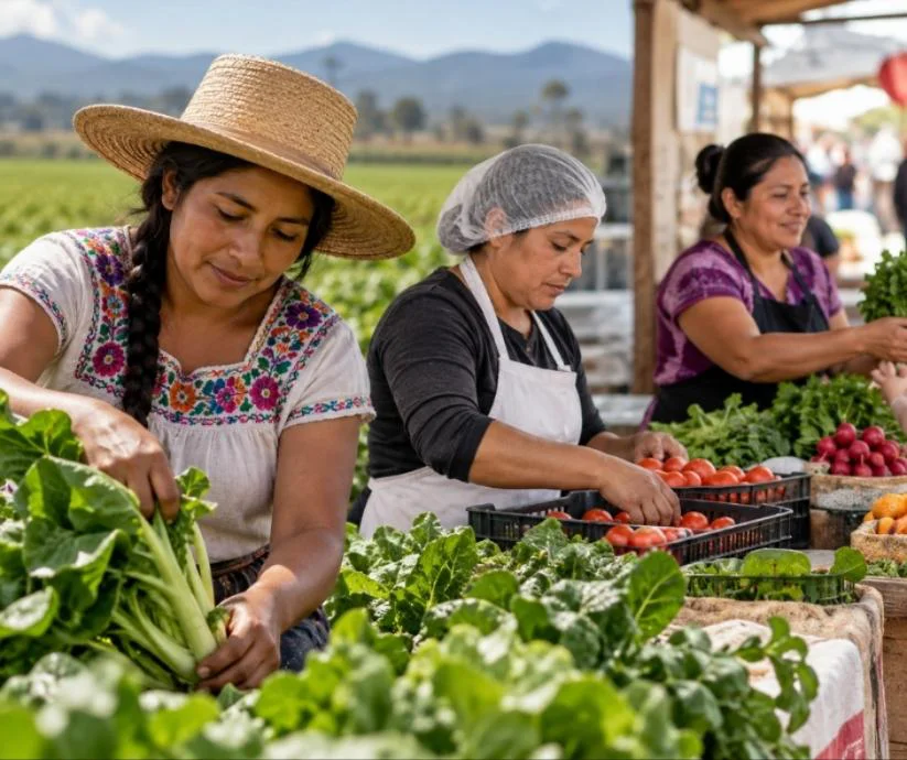 Mujeres rurales mexicanas cosechan, seleccionan y comercializan verduras frescas, representando su participación