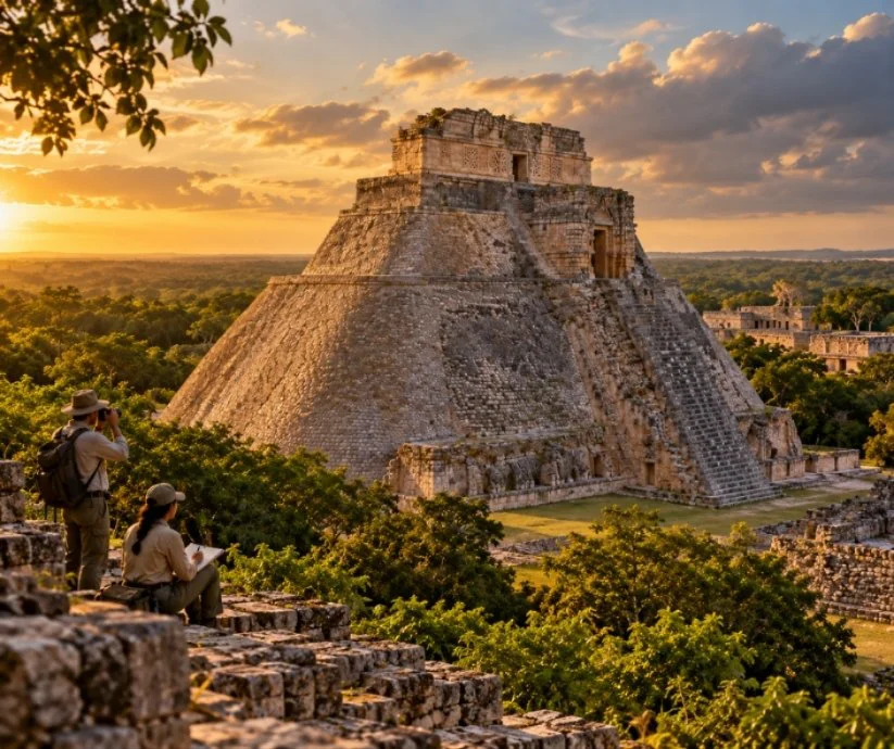 Ilustración de la Pirámide del Adivino en Uxmal, Yucatán, rodeada de vegetación y con investigadores observando.