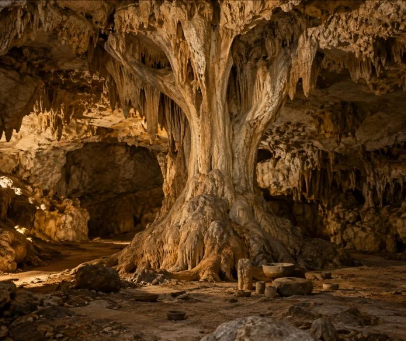 Formación rocosa en la gruta de Balamcanché con forma de ceiba, rodeada de estalactitas y objetos ceremoniales