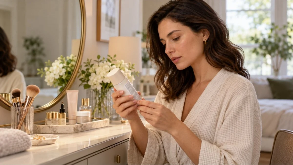 Mujer lee la lista de ingredientes en la etiqueta de un producto cosmético.