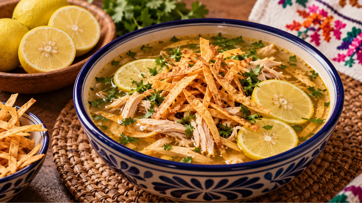 Sopa de lima yucateca con pollo deshebrado, rodajas de lima y tiras crujientes de tortilla, uno de los platillos más representativos de la cocina de Yucatán.