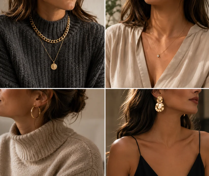 La proporción también viste- **cuando el tamaño de la joya conversa con el volumen, el escote y la textura de la ropa, todo el look encuentra su equilibrio.