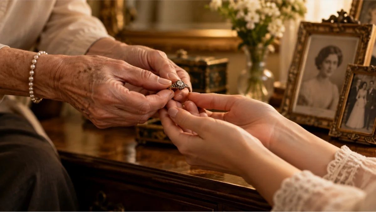 Joya heredada sostenida entre las manos de dos generaciones de una familia.