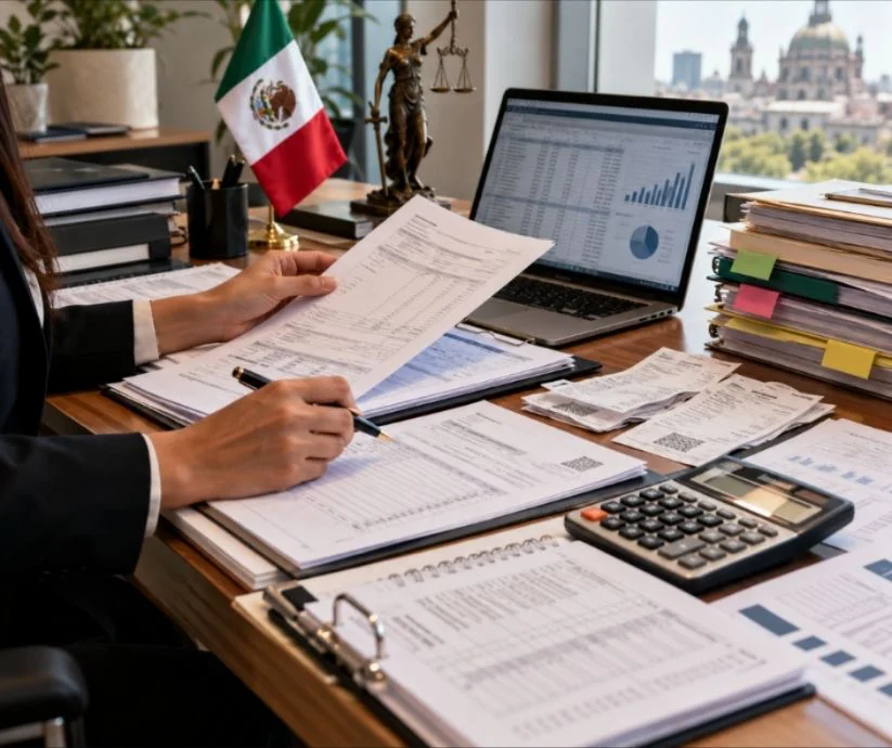 Documentos contables y fiscales en revisión sobre un escritorio de oficina, con referencias visuales al marco legal