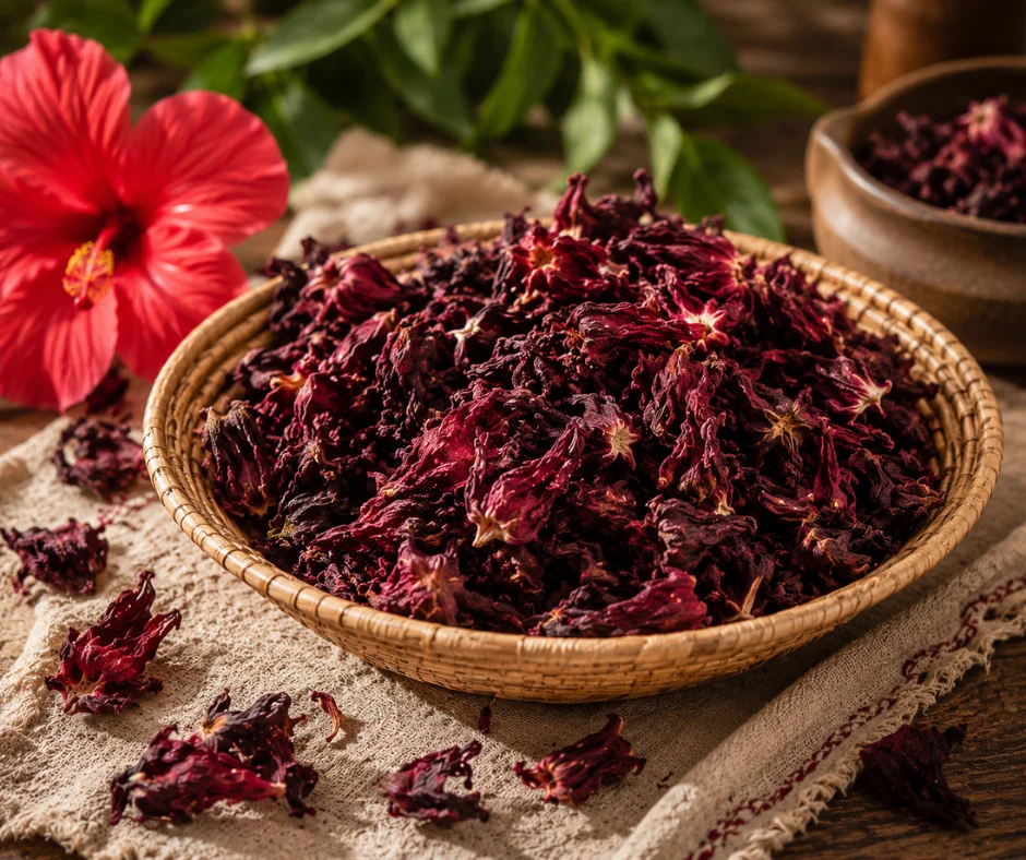 La flor de jamaica seca es el ingrediente esencial de esta infusión tradicional; su intenso color y sus compuestos naturales le aportan el sabor ácido y el característico tono rojo de la bebida.