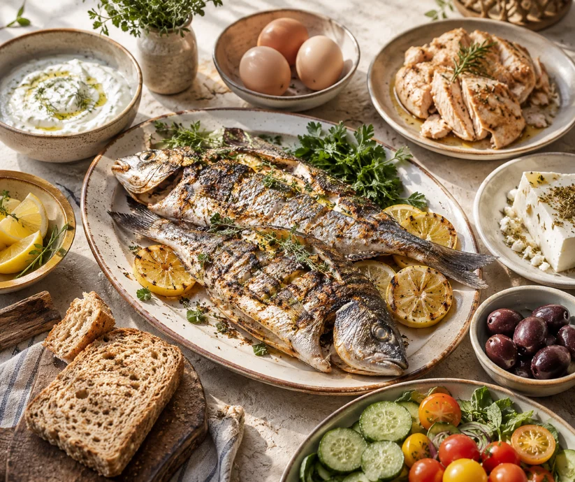 En la dieta mediterránea, el equilibrio importa- pescado, yogur, queso, huevo y aves tienen lugar con moderación, mientras la carne roja y los embutidos quedan en un segundo plano.