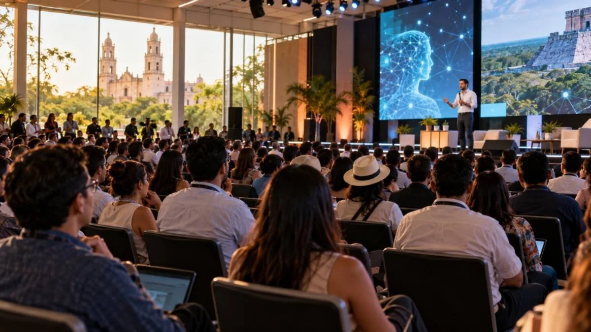 Ilustración de una conferencia tecnológica con asistentes y un ponente en el escenario