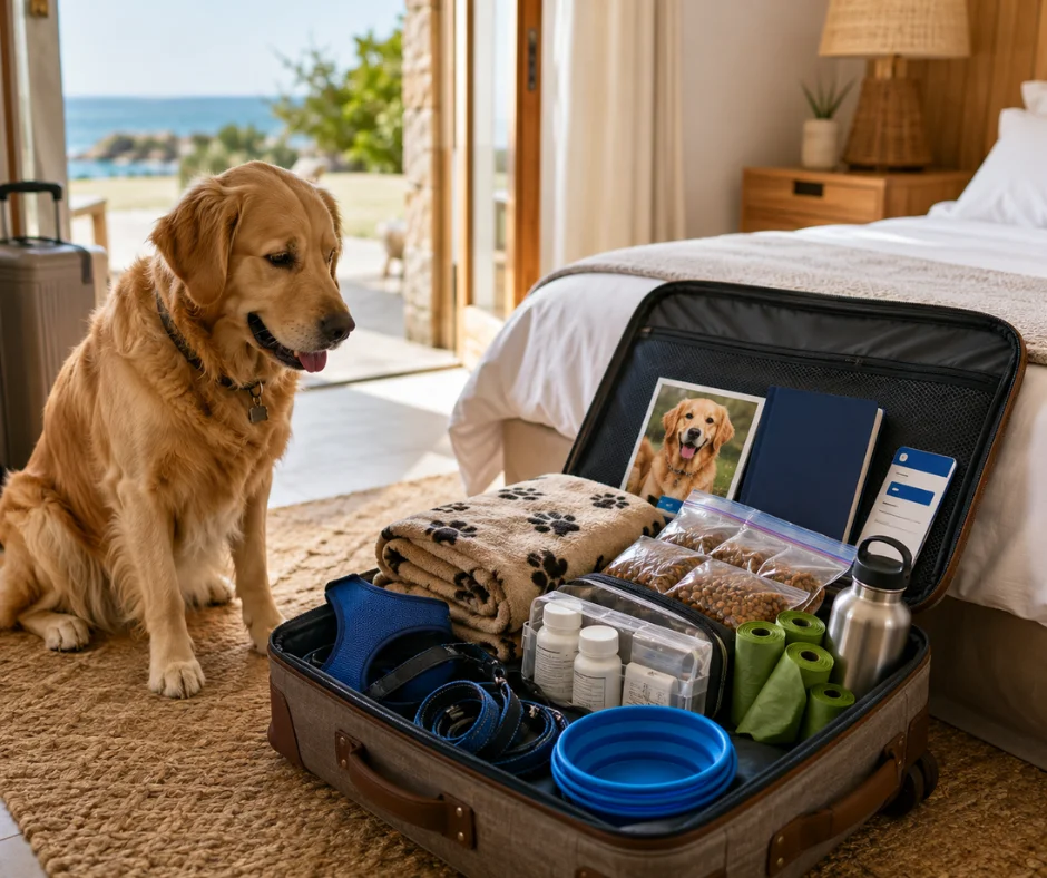 La maleta del perro debe incluir agua, alimento, medicamentos, correa, manta, documentos y artículos básicos que le ayuden a viajar con seguridad y a adaptarse mejor al destino.