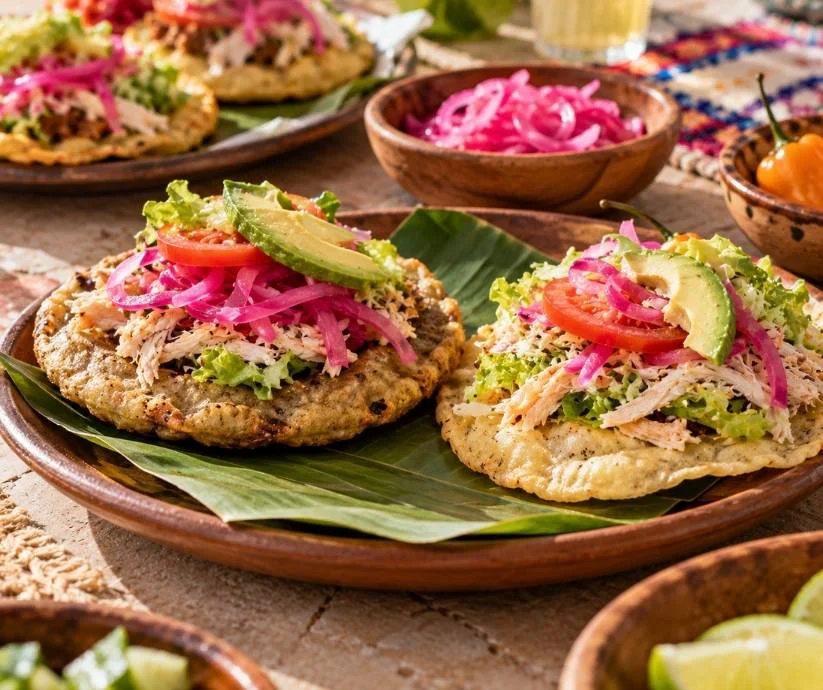 Panucho y salbute yucatecos servidos con pollo deshebrado, cebolla morada curtida, lechuga, tomate