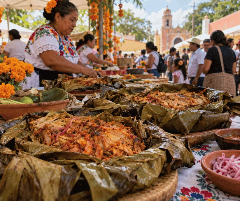 Mucbipollos tradicionales envueltos en hojas de plátano, exhibidos en una recreación de una feria gastronómica yucateca