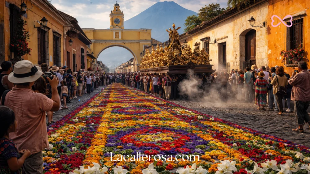 Semana Santa en Antigua Guatemala con alfombras y procesiones religiosas