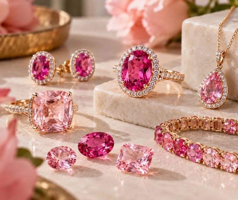 Anillos, pendientes, colgante y pulsera con gemas rosas de distintas intensidades