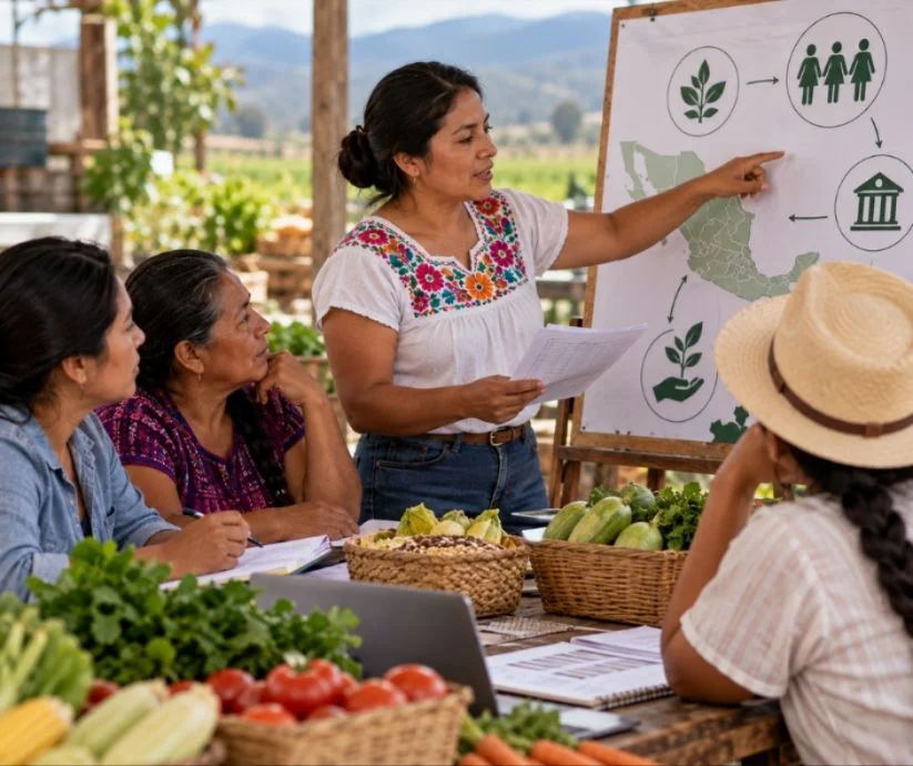 Mujeres rurales mexicanas participan en una reunión comunitaria sobre políticas agrarias, igualdad de género.