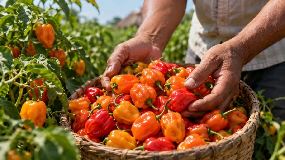 Chiles habaneros maduros cosechados en la península de Yucatán.