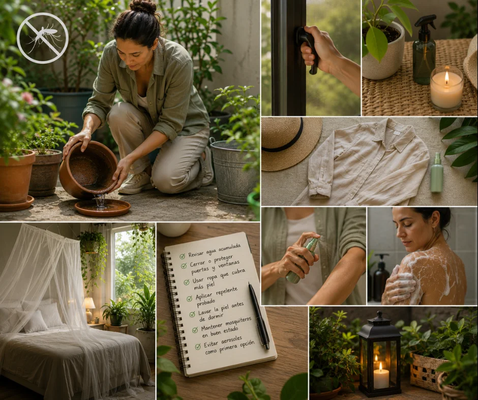 Prevenir los mosquitos no empieza con el aerosol, sino con una rutina sencilla- revisar agua, proteger ventanas, usar ropa adecuada y aplicar repelente cuando haga falta. 