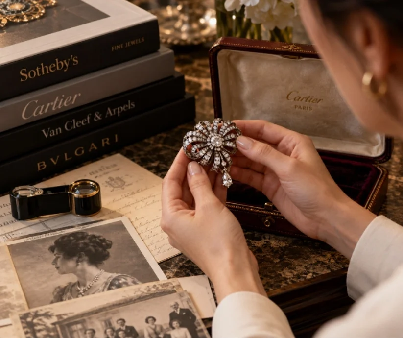 Mujer examina un broche antiguo de diamantes junto a documentos, fotografías familiares, lupa de joyero.