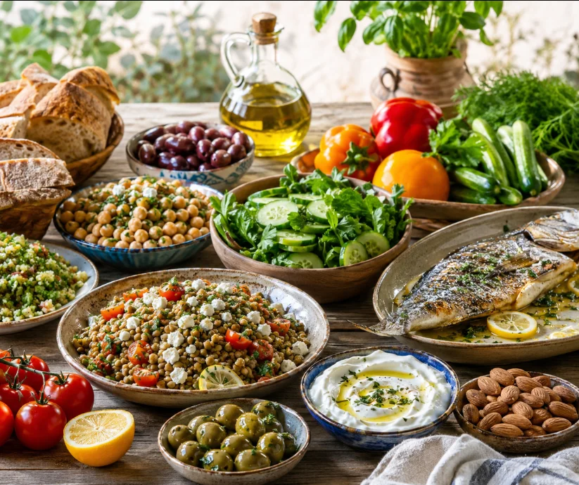 Una mesa sencilla, colorida y real- la dieta mediterránea no es un menú cerrado, sino una forma de comer con equilibrio, placer y alimentos de temporada.