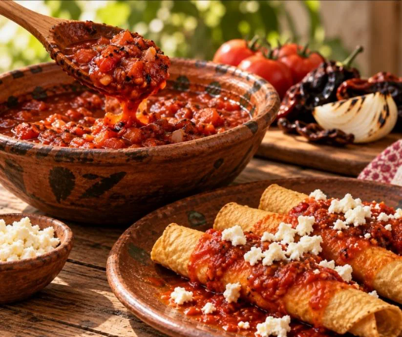 Salsa de chiltomate yucateca en recipiente de barro, con cuchara de madera, tomates y chiles asados al fondo.