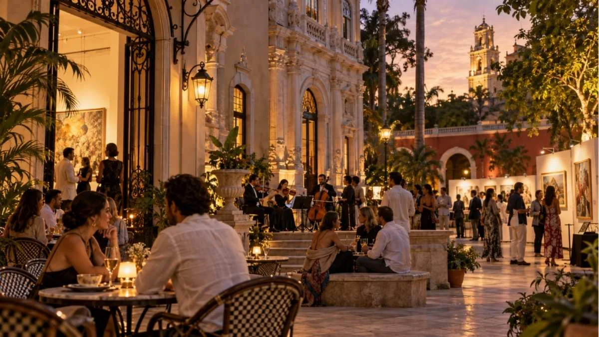 Escena ilustrativa de una velada cultural en Mérida, Yucatán, con músicos, exposiciones de arte, arquitectura