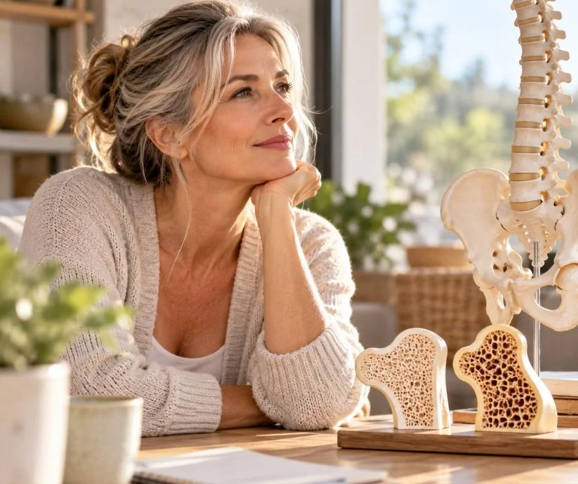 Mujer de aproximadamente 55 años junto a modelos anatómicos de columna vertebral y tejido óseo