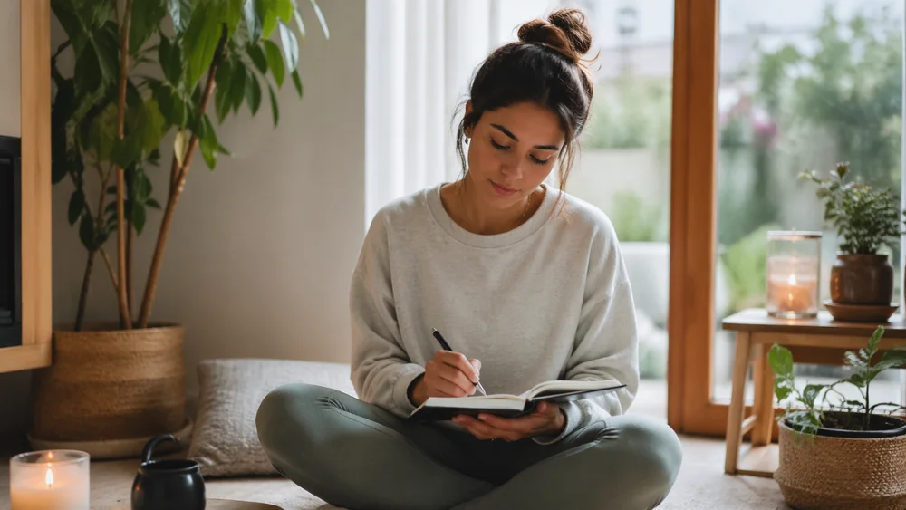 Mujer practicando fitness emocional a través de journaling en un espacio de bienestar.