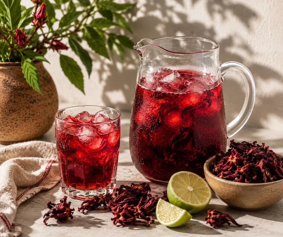 Una jarra de agua de jamaica preparada con flor de jamaica, hielo y limón resalta el color intenso y la frescura de una de las bebidas más tradicionales de la cocina mexicana.