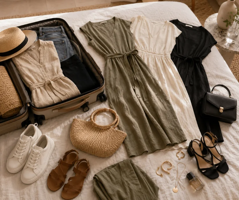 Vestidos midi de líneas sencillas y tejidos ligeros permiten **multiplicar las combinaciones durante un viaje**, pasando de un paseo informal a una cena con solo cambiar calzado, bolso y accesorios. 