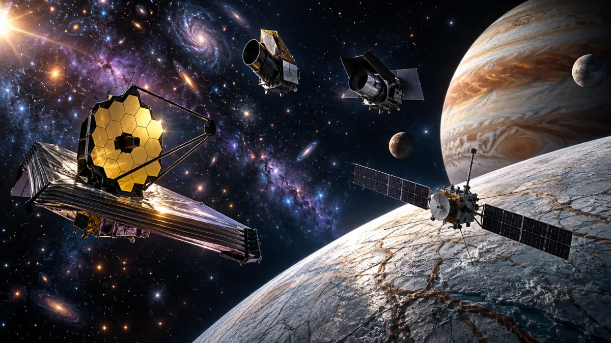 Representación de cinco misiones clave —James Webb, Euclid, Roman, Europa Clipper y Juice— que están ampliando lo que sabemos del universo y de las lunas heladas de Júpiter.