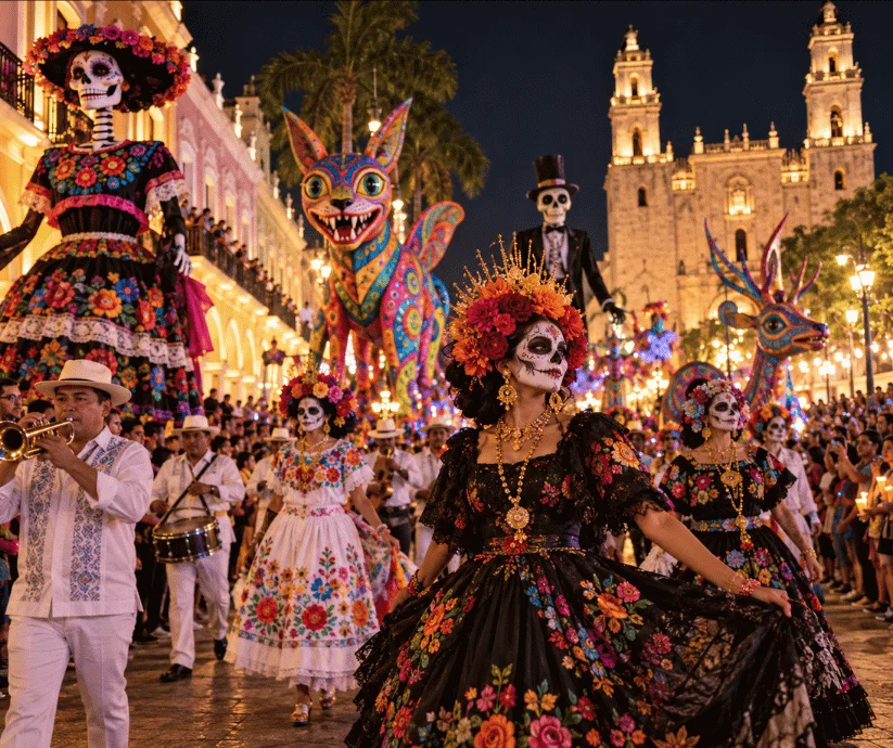 Recreación del Desfile de Catrinas en Mérida, con mujeres caracterizadas de catrinas, vestidos florales, músicos.