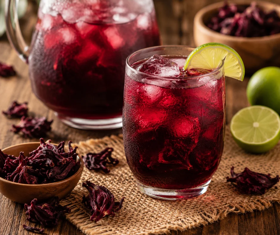 Servida con hielo y un toque de limón, el agua de jamaica conserva mejor su acidez natural y su sabor floral cuando se prepara con poca azúcar.