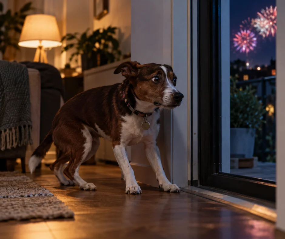 Durante la pirotecnia, un perro asustado puede intentar escapar incluso de espacios que normalmente parecen seguros; por eso, revisar puertas, ventanas y correas también es una forma de protegerlo.