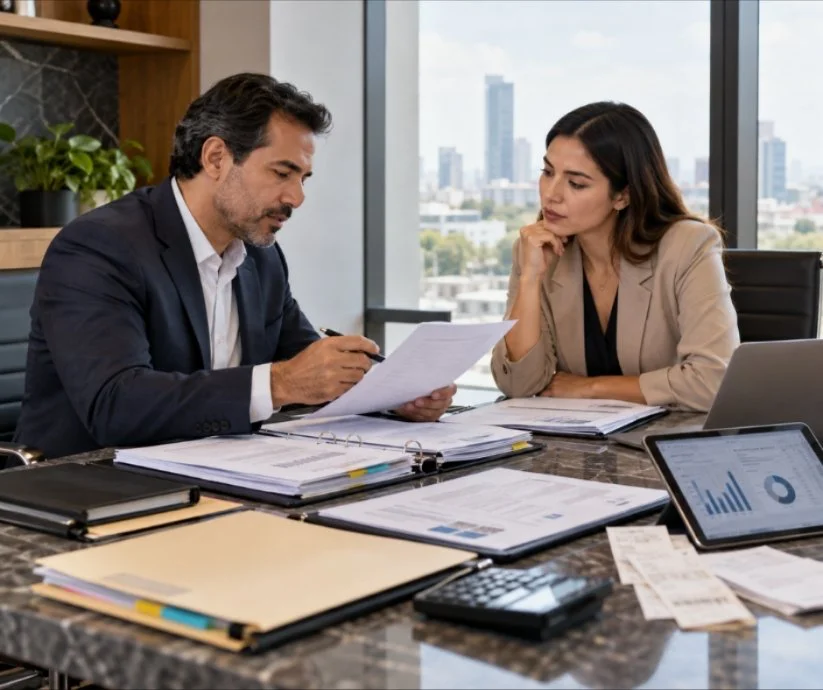 Asesor fiscal y contribuyente revisan documentación y pruebas en una mesa de trabajo durante un procedimiento fiscal
