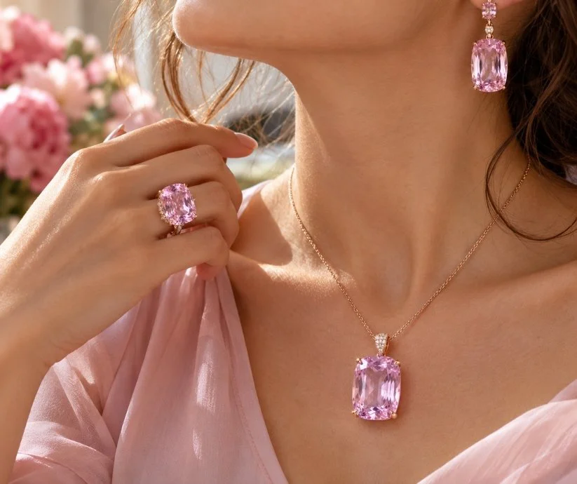 Mujer luce un conjunto de anillo, pendientes y collar con gemas de tonalidad rosa violáceo inspiradas en la kunzita