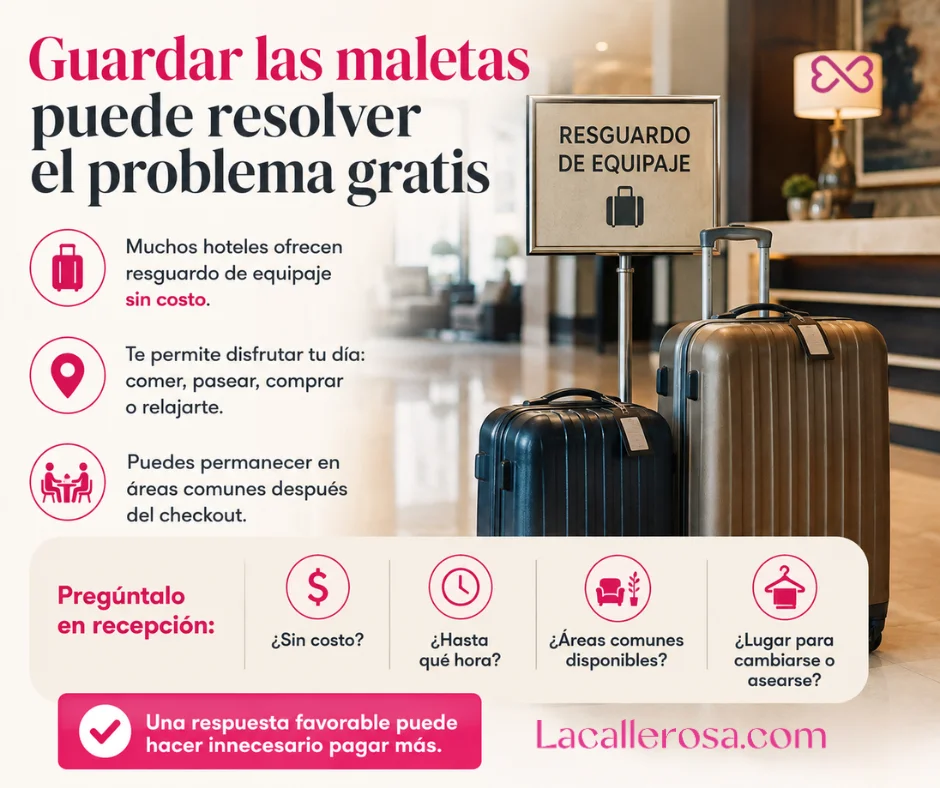 Guardar el equipaje después del checkout puede ser la alternativa más práctica —y gratuita— para seguir disfrutando el destino sin pagar horas extra de habitación.