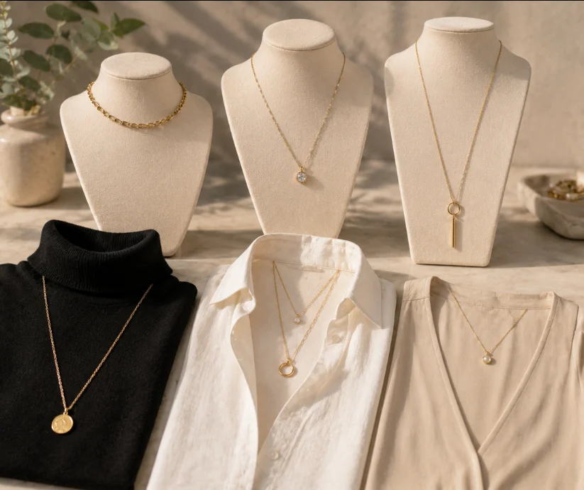 El collar correcto no solo complementa una prenda- **dialoga con el escote, dirige la mirada y puede cambiar por completo las proporciones visuales de un look.
