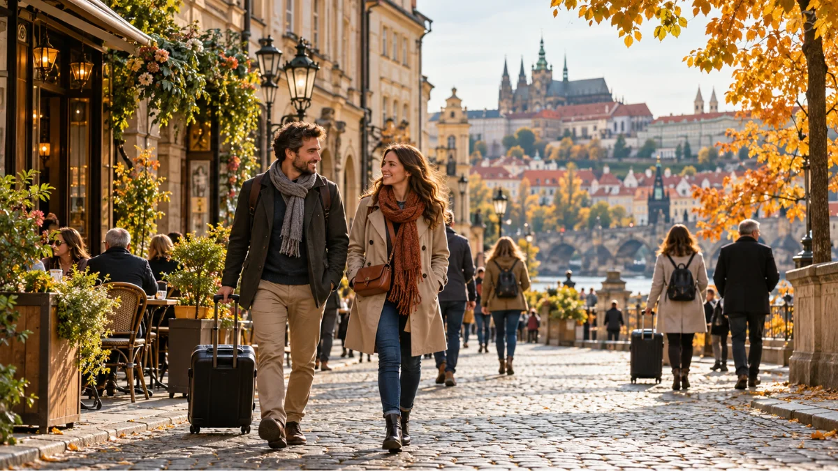 Viajeros recorren una ciudad europea durante un tranquilo día de otoño, entre calles históricas, terrazas y árboles teñidos por los colores de octubre.