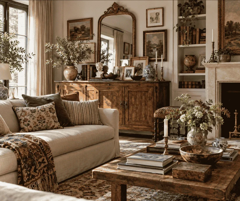 Sala de estilo ecléctico con aparador antiguo de madera, espejo dorado, fotografías familiares, porcelanas, libros