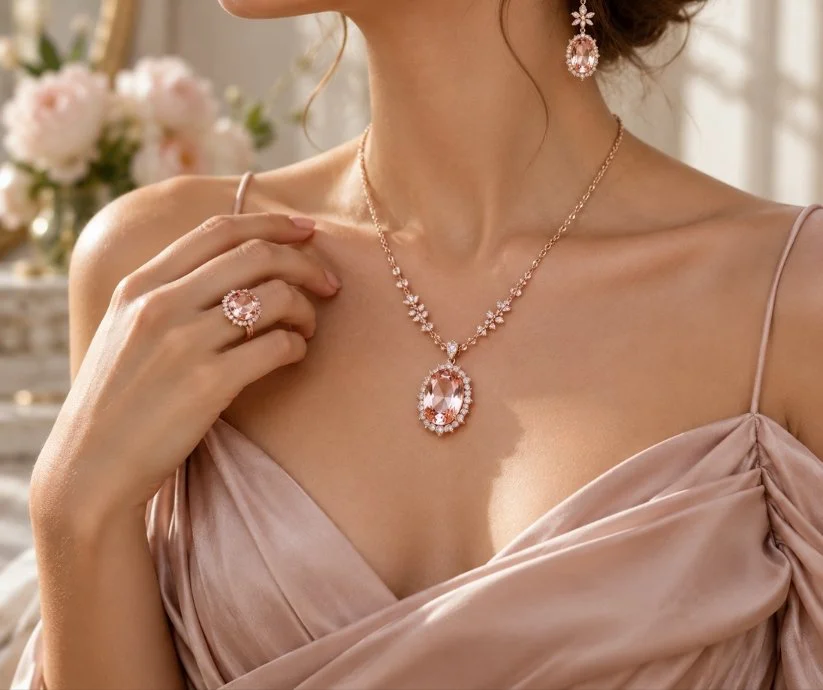Mujer luce collar, anillo y pendientes con gemas de tonalidad rosa durazno, inspiradas en la morganita