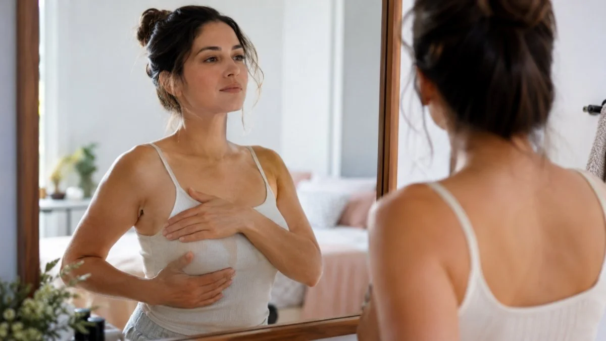 Mujer adulta frente al espejo realiza una autoexploración mamaria sobre su ropa, como parte del cuidado y conocimiento
