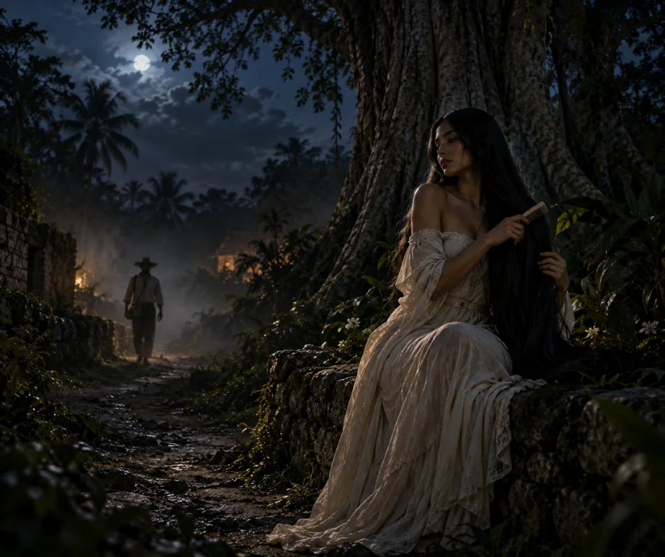Bajo la noche y la ceiba, la X’tabay aparece con su larga cabellera como una figura tan seductora como inquietante- una presencia que en la tradición yucateca atrae, confunde y conduce al peligro.