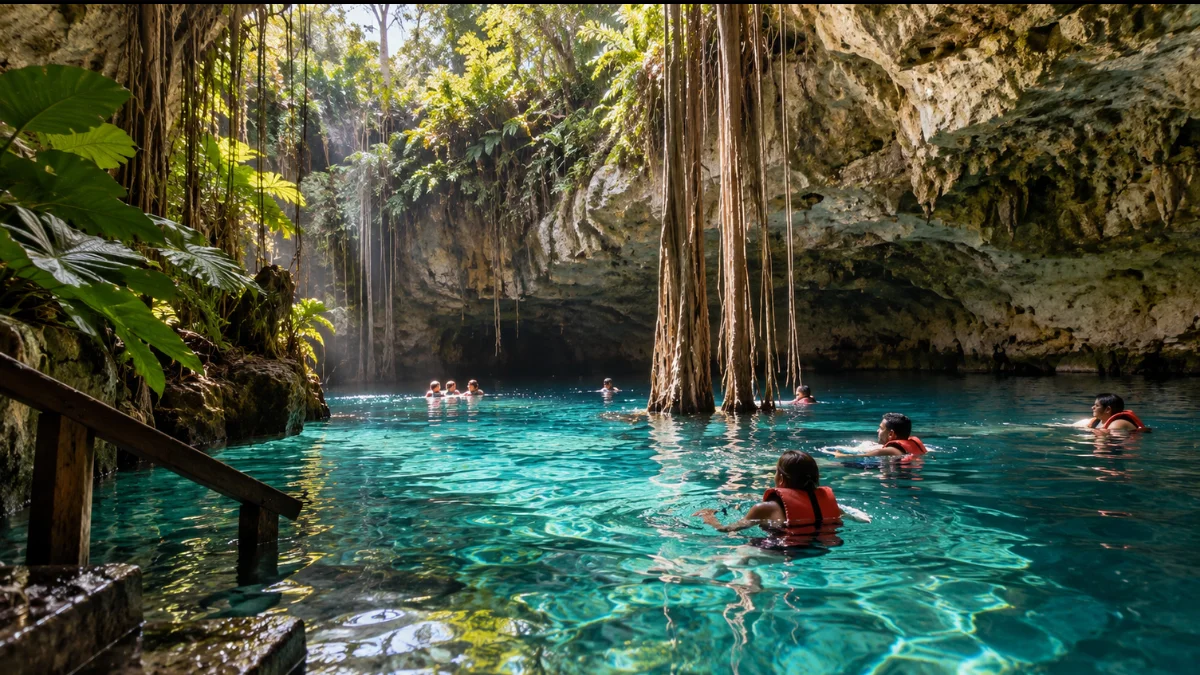 Nadar en un cenote no es solo refrescarse- es entrar en uno de los paisajes más sorprendentes y vivos de Yucatán, donde la belleza también exige respeto.