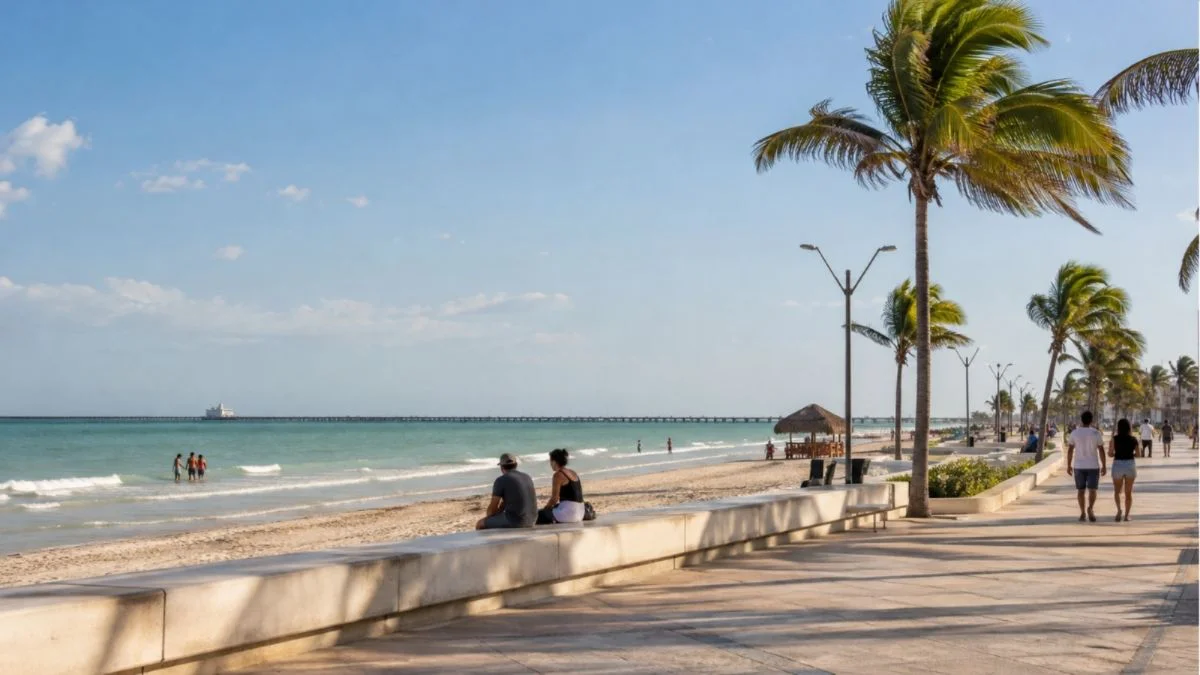 Vista del malecón de Progreso, Yucatán, con palmeras, playa, mar turquesa y visitantes paseando durante un día tranquilo